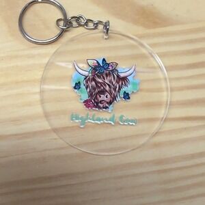 Hand Crafted Highland Cow Keychain - Brown and Blue